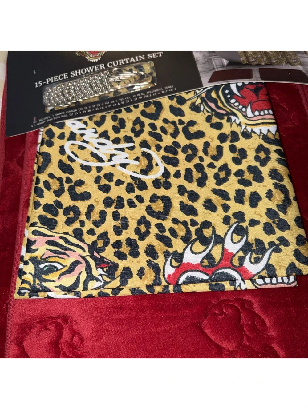 Ed Hardy Leopard Print & Tiger Shower Curtain With Red Memory Foam Rugs Set New